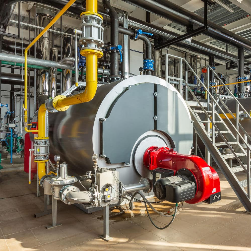 The interior of an industrial boiler room with three large boile